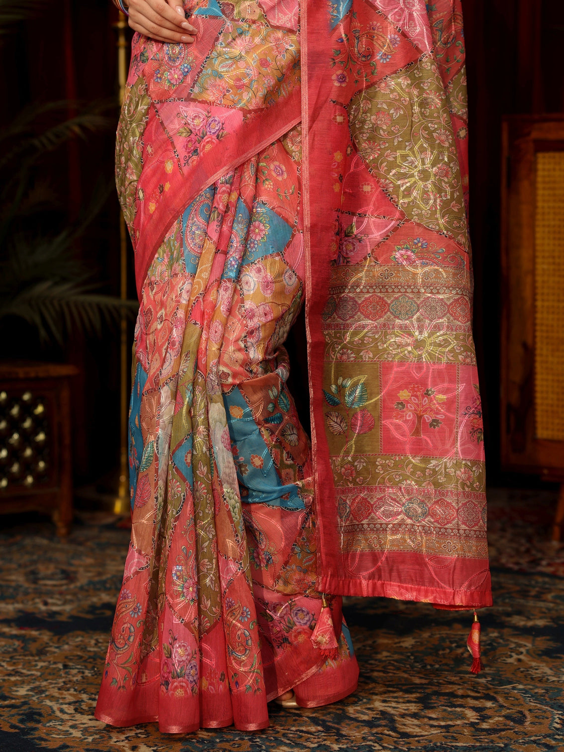 Mameraa Multi Coloured Floral Printed Silk Blend Saree