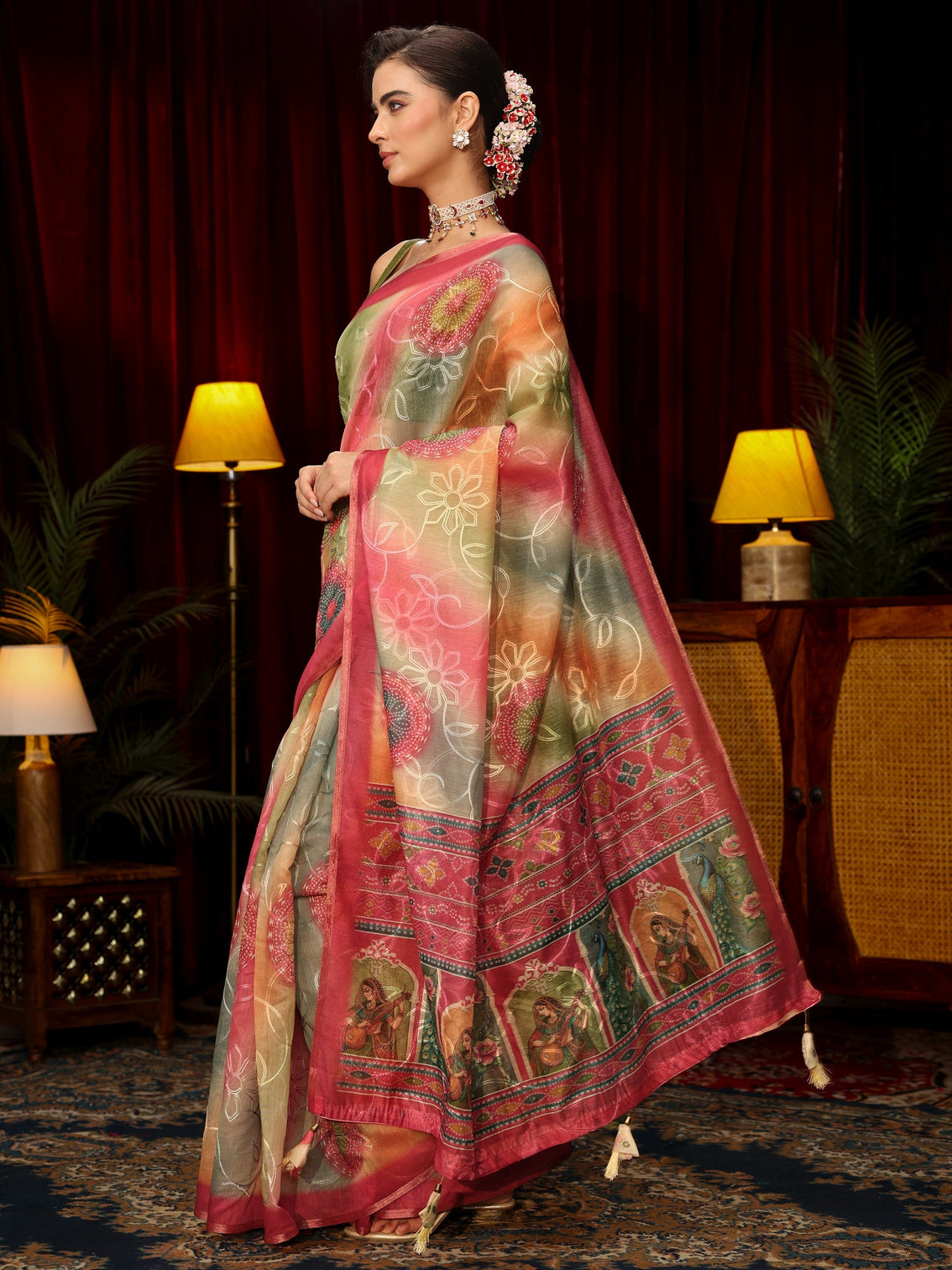 Mameraa Multi Coloured Floral Embroidered Silk Blend Saree