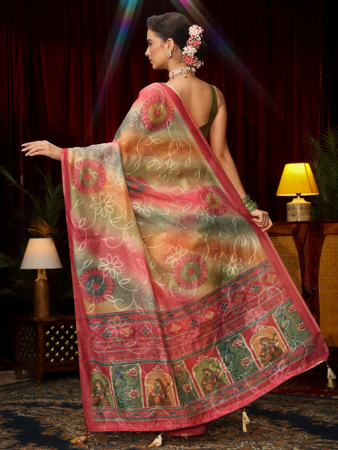 Mameraa Multi Coloured Floral Embroidered Silk Blend Saree