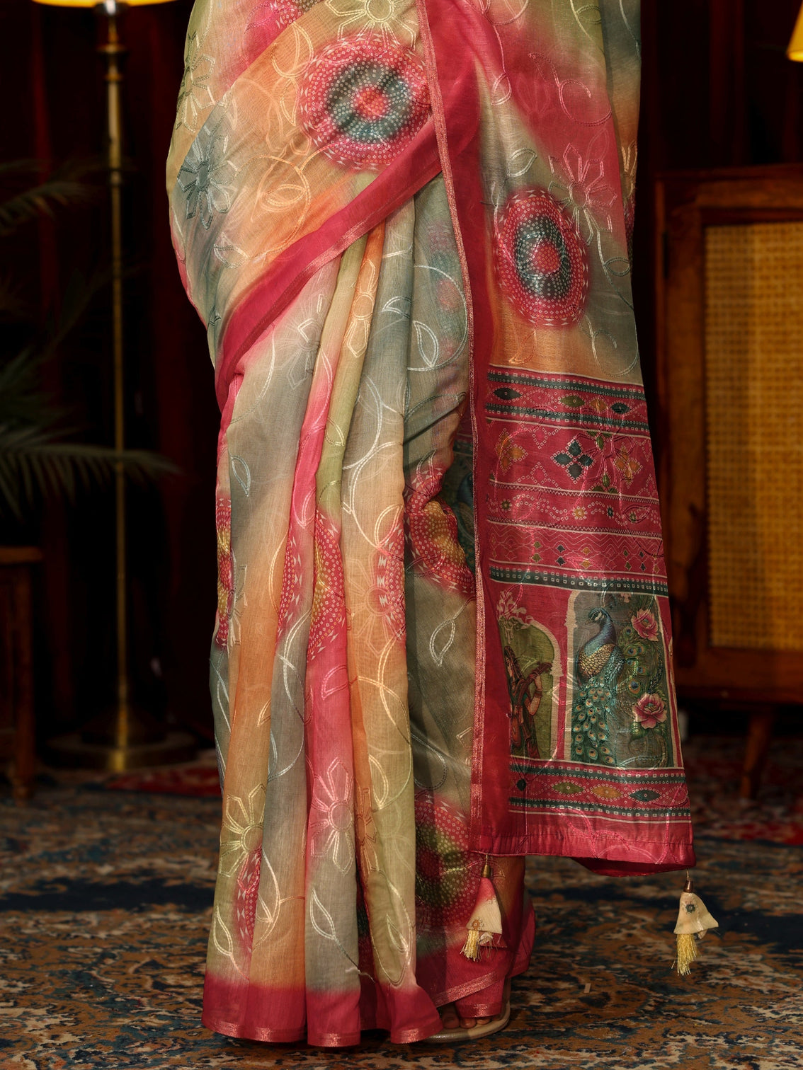Mameraa Multi Coloured Floral Embroidered Silk Blend Saree