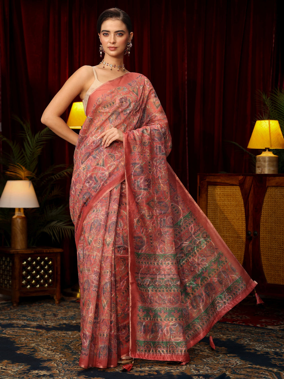 Mameraa Rust Brown Floral Embroidered Silk Blend Saree