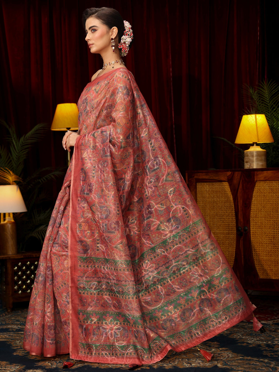 Mameraa Rust Brown Floral Embroidered Silk Blend Saree