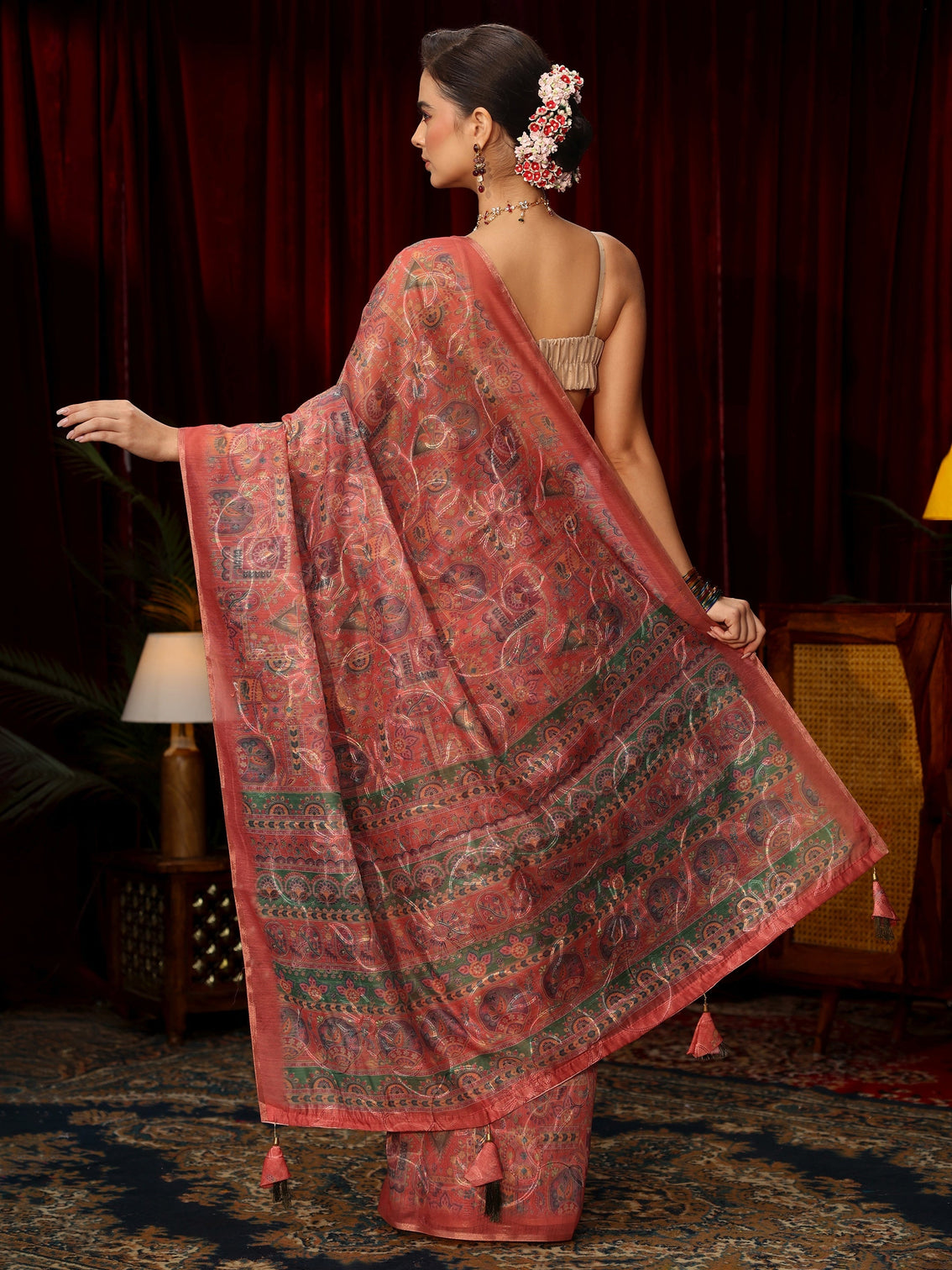 Mameraa Rust Brown Floral Embroidered Silk Blend Saree
