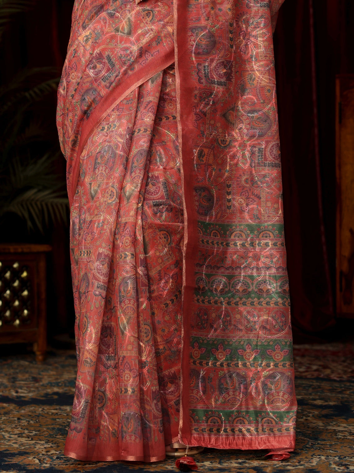 Mameraa Rust Brown Floral Embroidered Silk Blend Saree