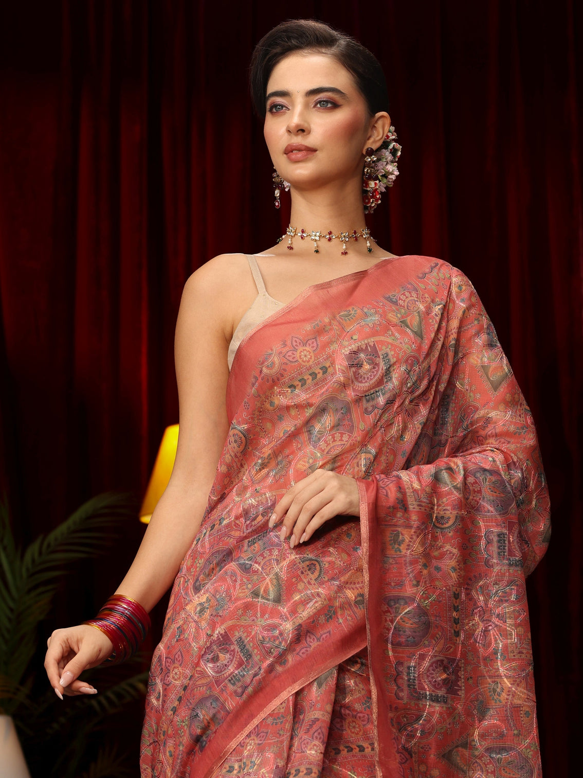 Mameraa Rust Brown Floral Embroidered Silk Blend Saree