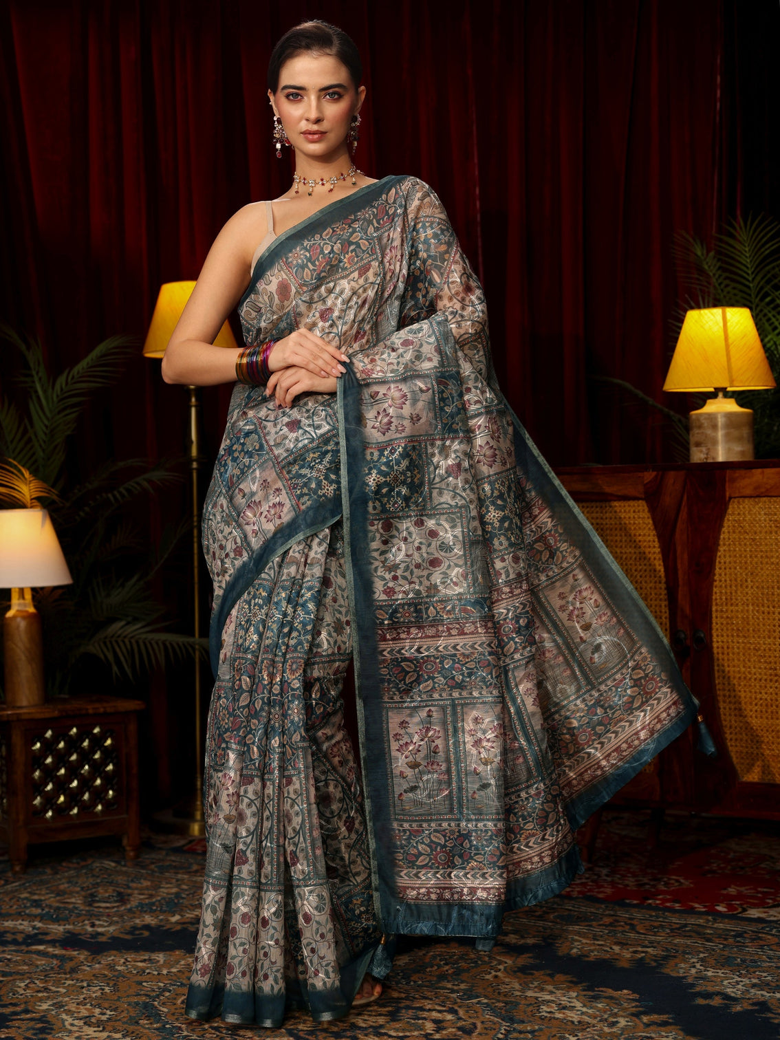 Mameraa Blue Floral Embroidered Silk Blend Saree