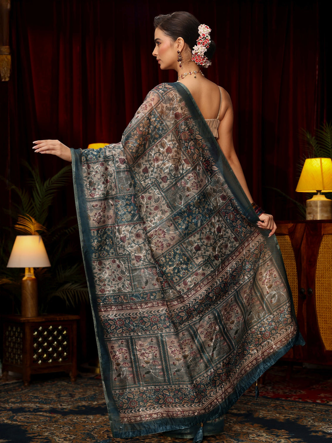 Mameraa Blue Floral Embroidered Silk Blend Saree