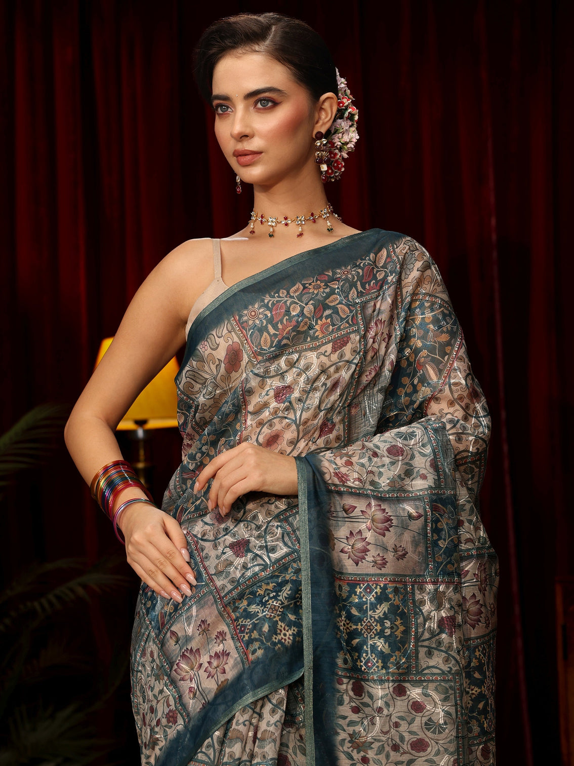 Mameraa Blue Floral Embroidered Silk Blend Saree