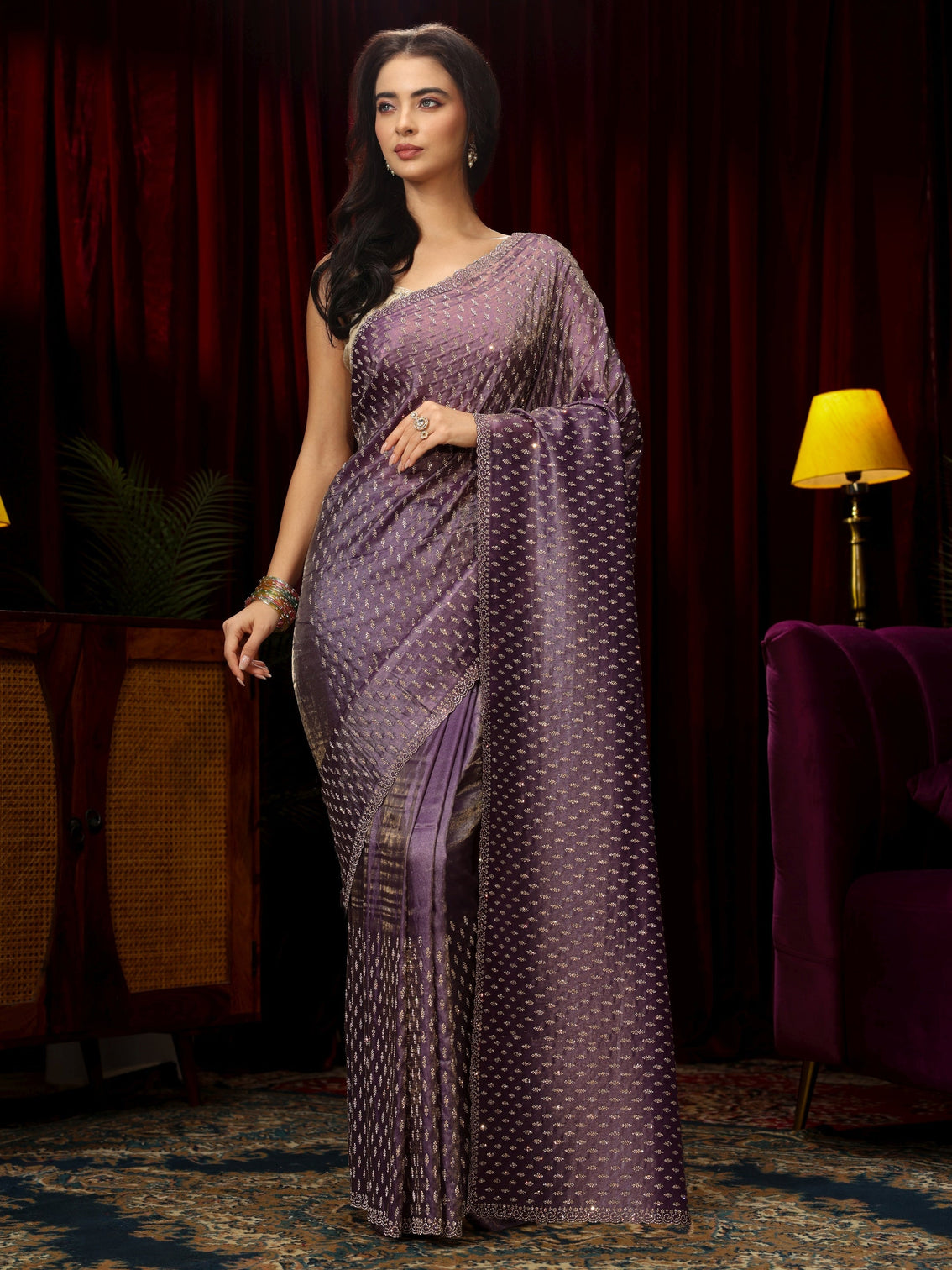 Mameraa Art Purple Stone Work Embellished Tissue Saree
