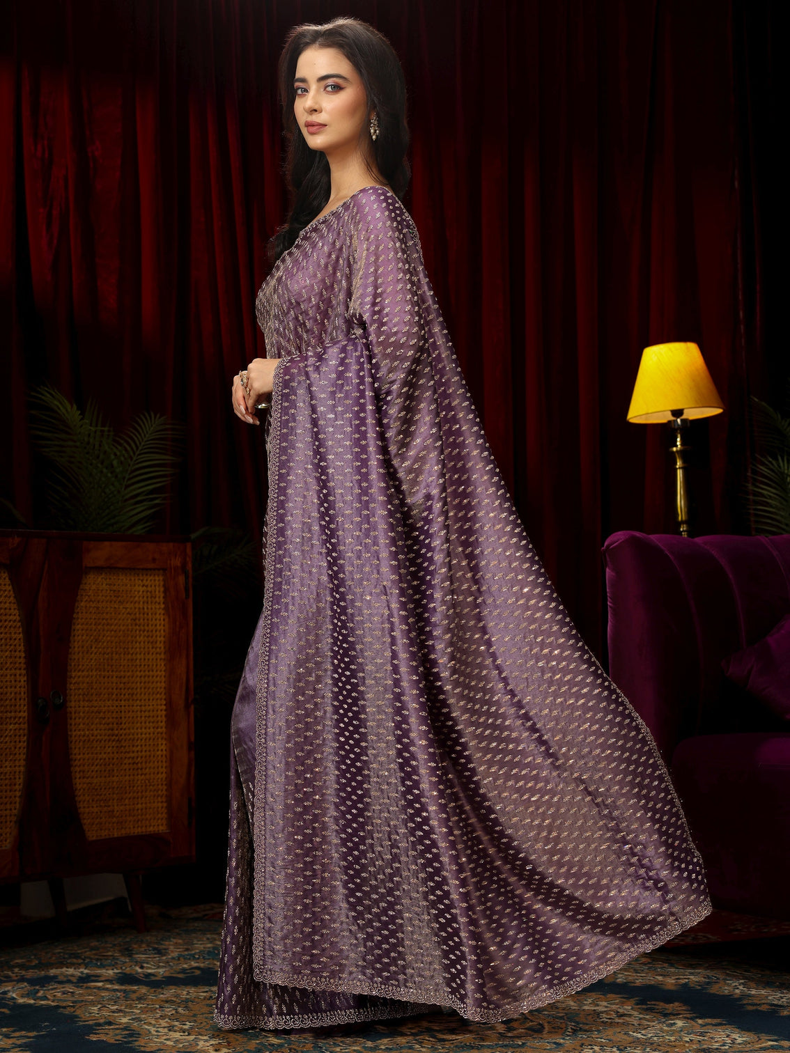 Mameraa Art Purple Stone Work Embellished Tissue Saree