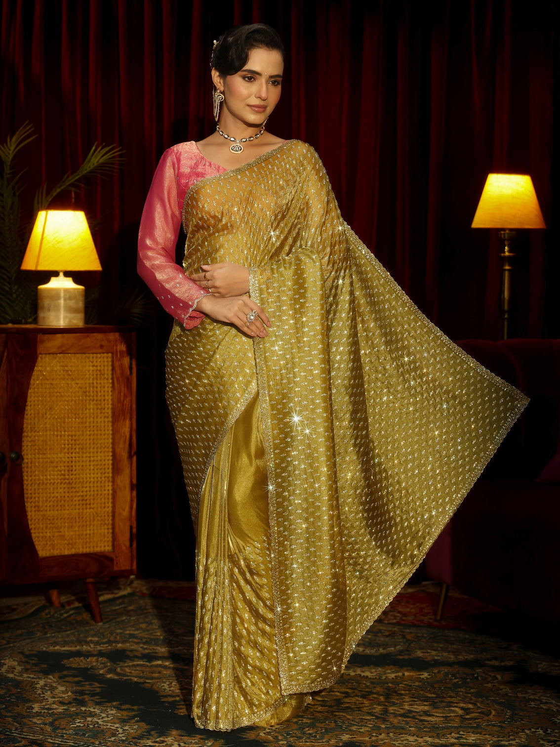 Mameraa Art Mustard Embellished Tissue Saree