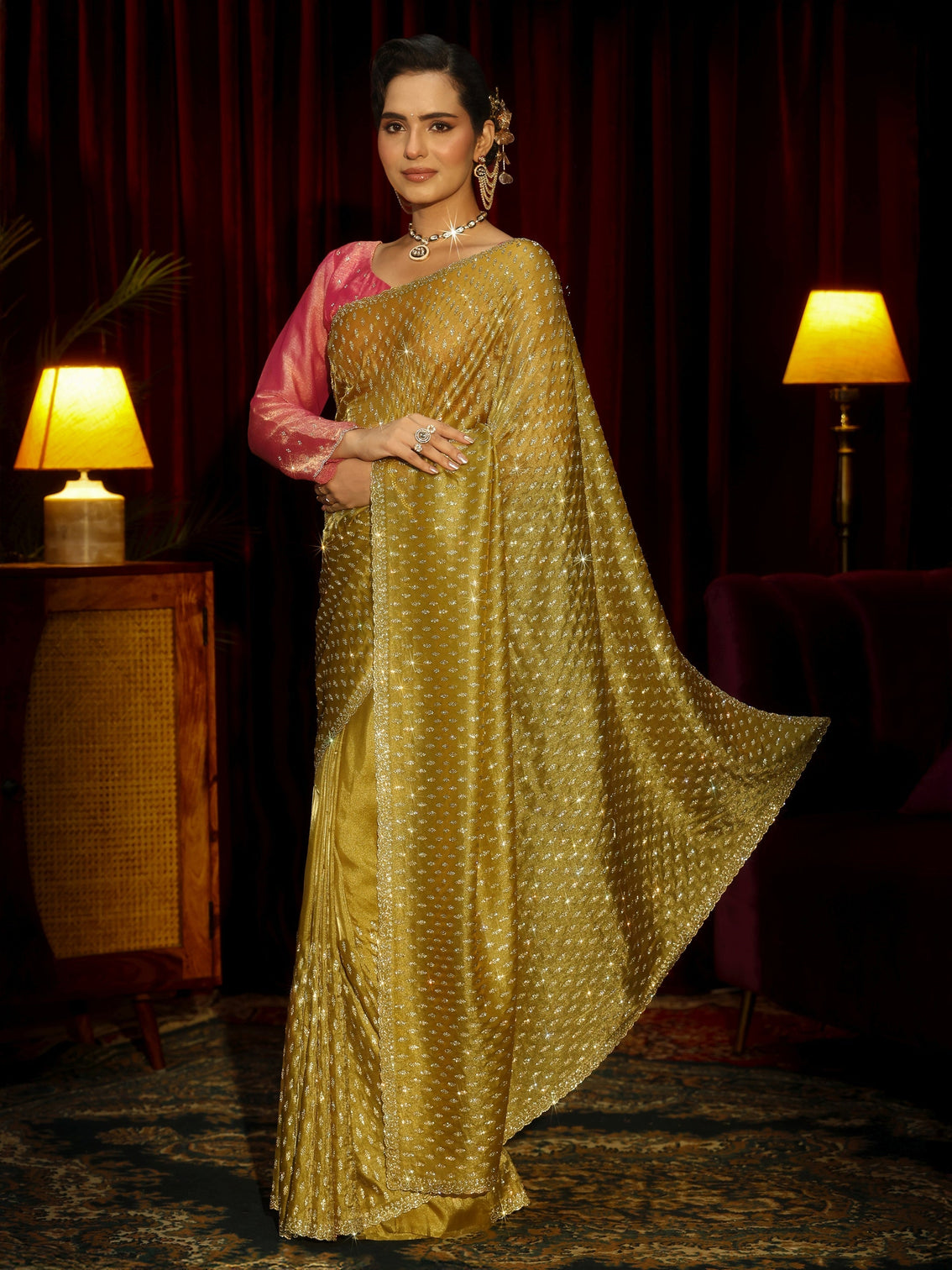 Mameraa Art Mustard Embellished Tissue Saree