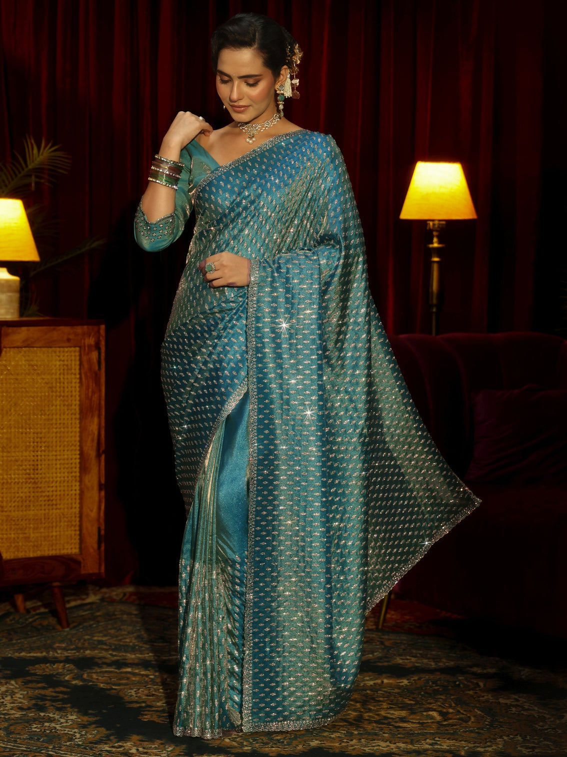 Mameraa Art Blue Embellished Tissue Saree