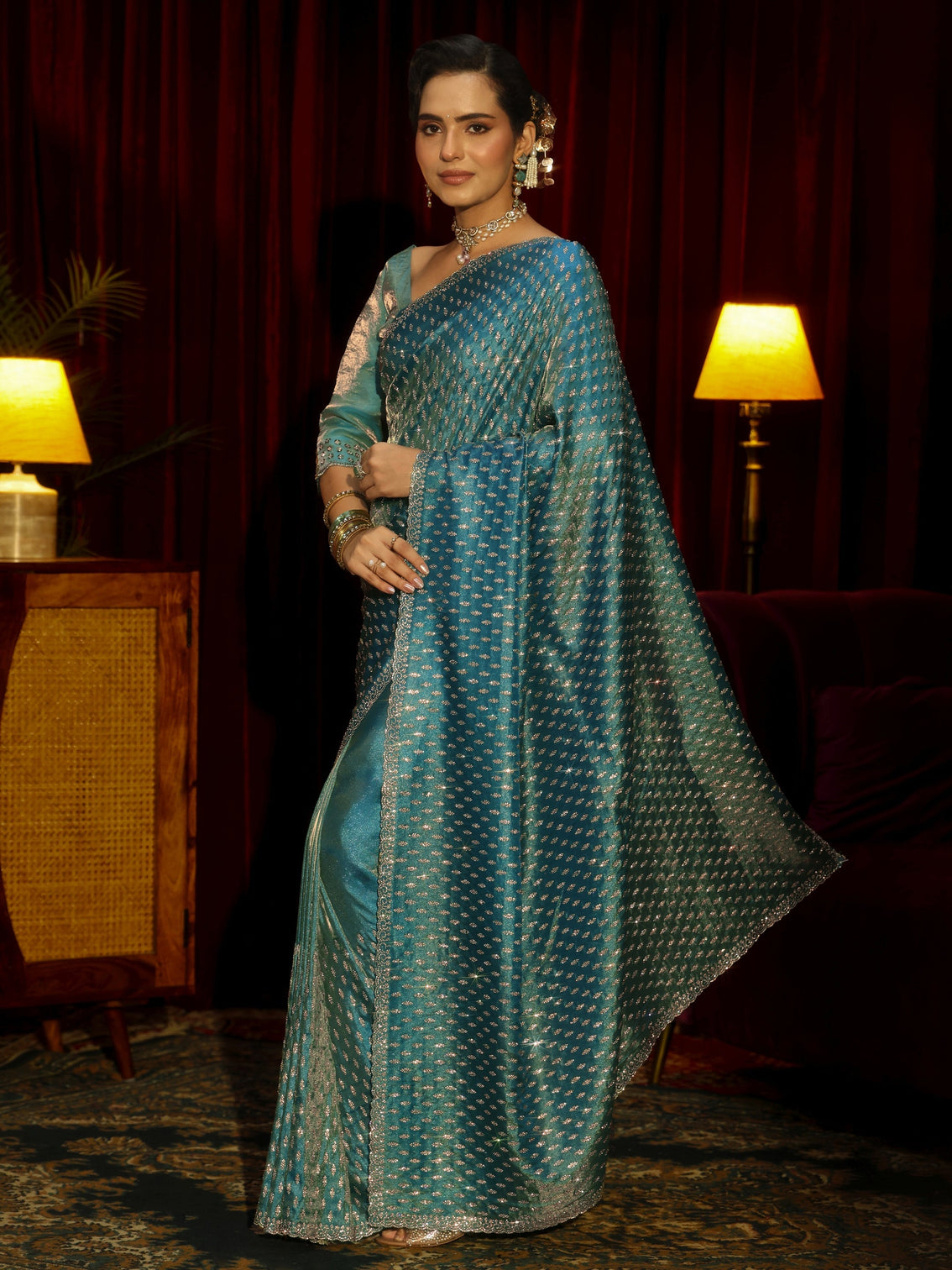 Mameraa Art Blue Embellished Tissue Saree