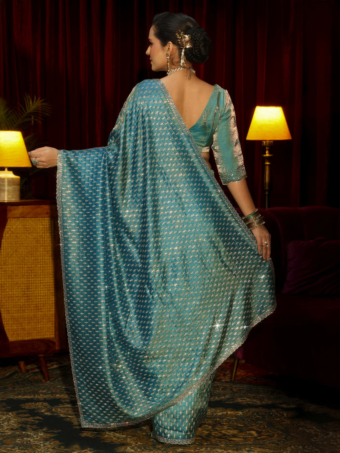 Mameraa Art Blue Embellished Tissue Saree