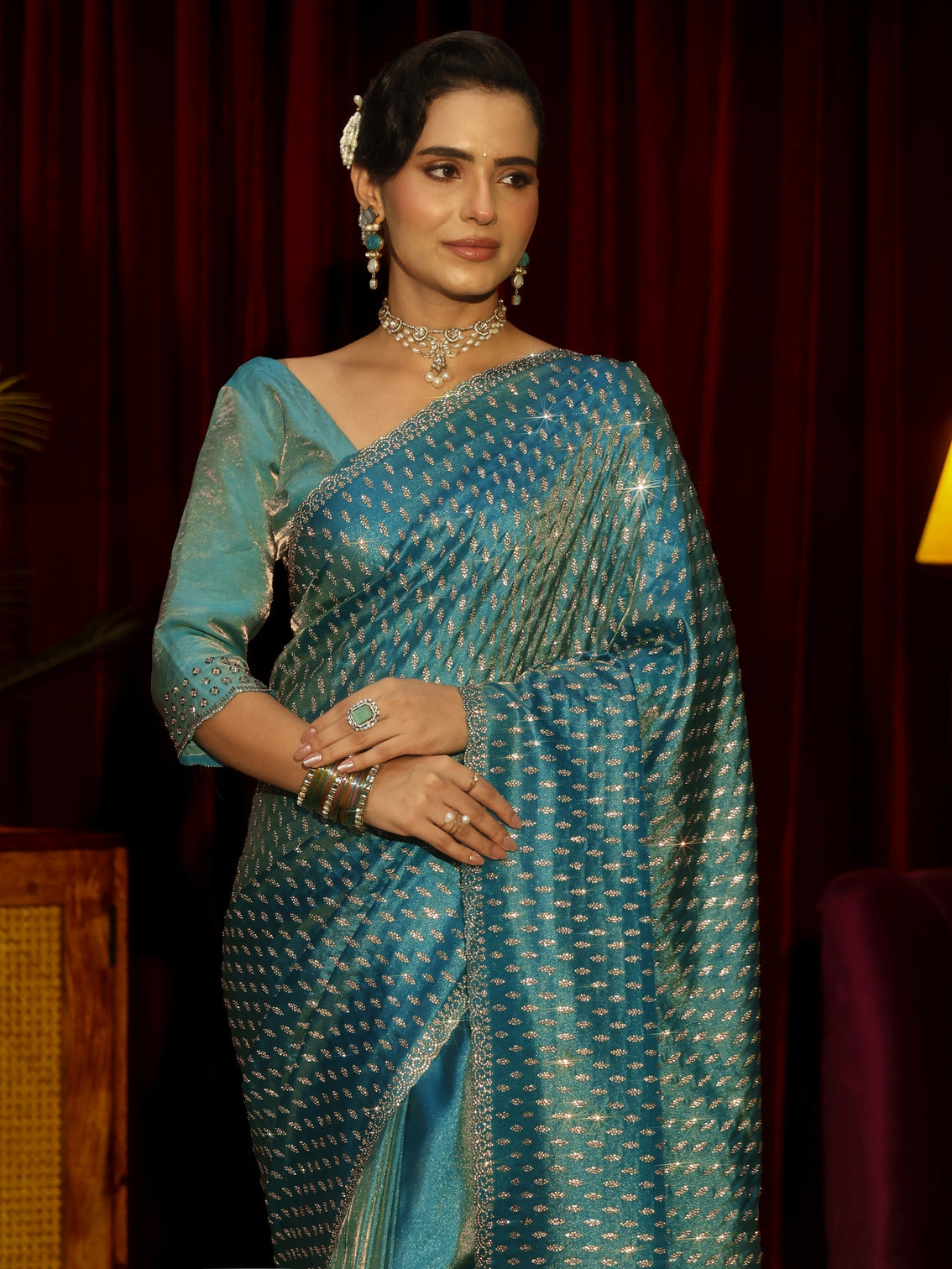Mameraa Art Blue Embellished Tissue Saree