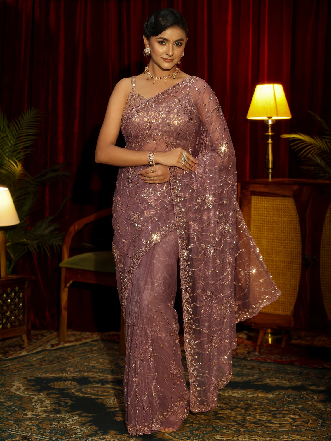 Mameraa Art Mauve Floral Embellished Net Saree