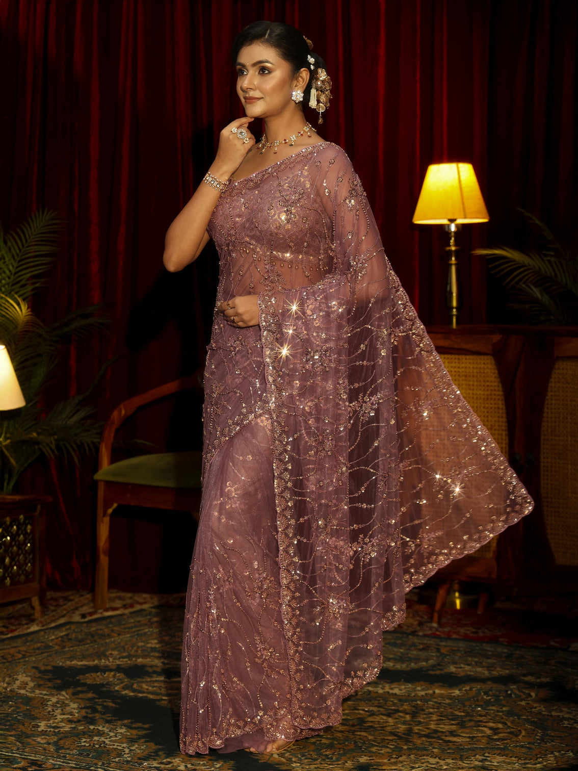 Mameraa Art Mauve Floral Embellished Net Saree