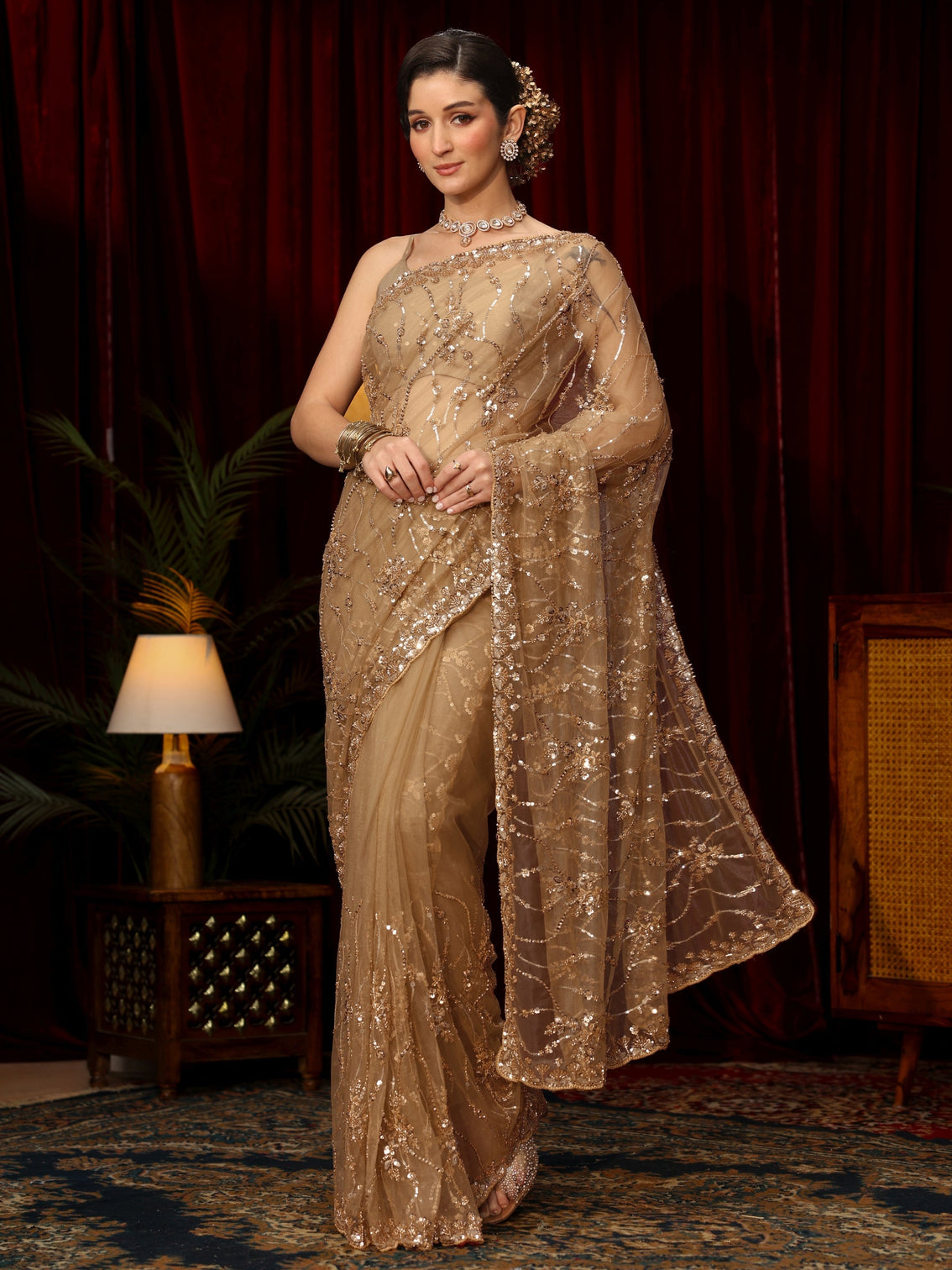 Mameraa Art Golden Sequin Embellished Net Saree
