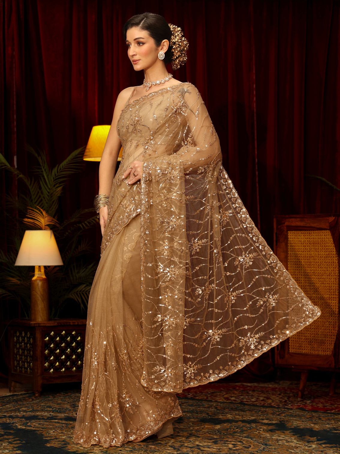 Mameraa Art Golden Sequin Embellished Net Saree