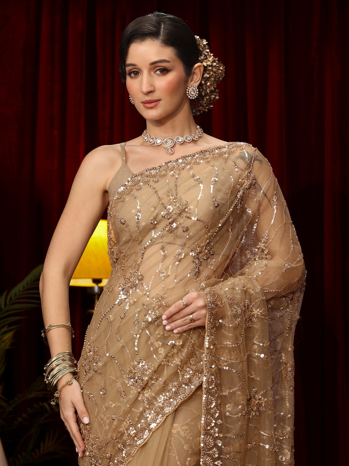 Mameraa Art Golden Sequin Embellished Net Saree