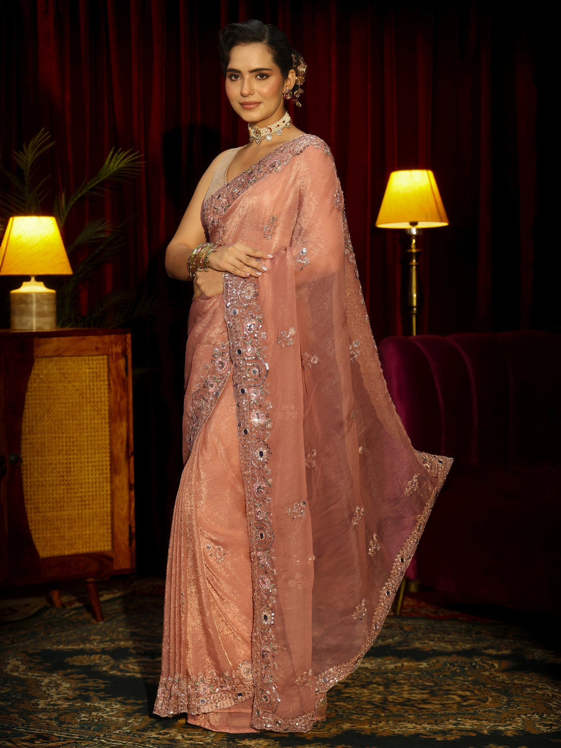 Mameraa Art Peach Pink Floral Embellished Organza Saree