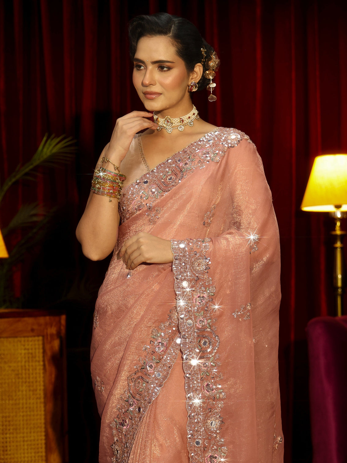 Mameraa Art Peach Pink Floral Embellished Organza Saree