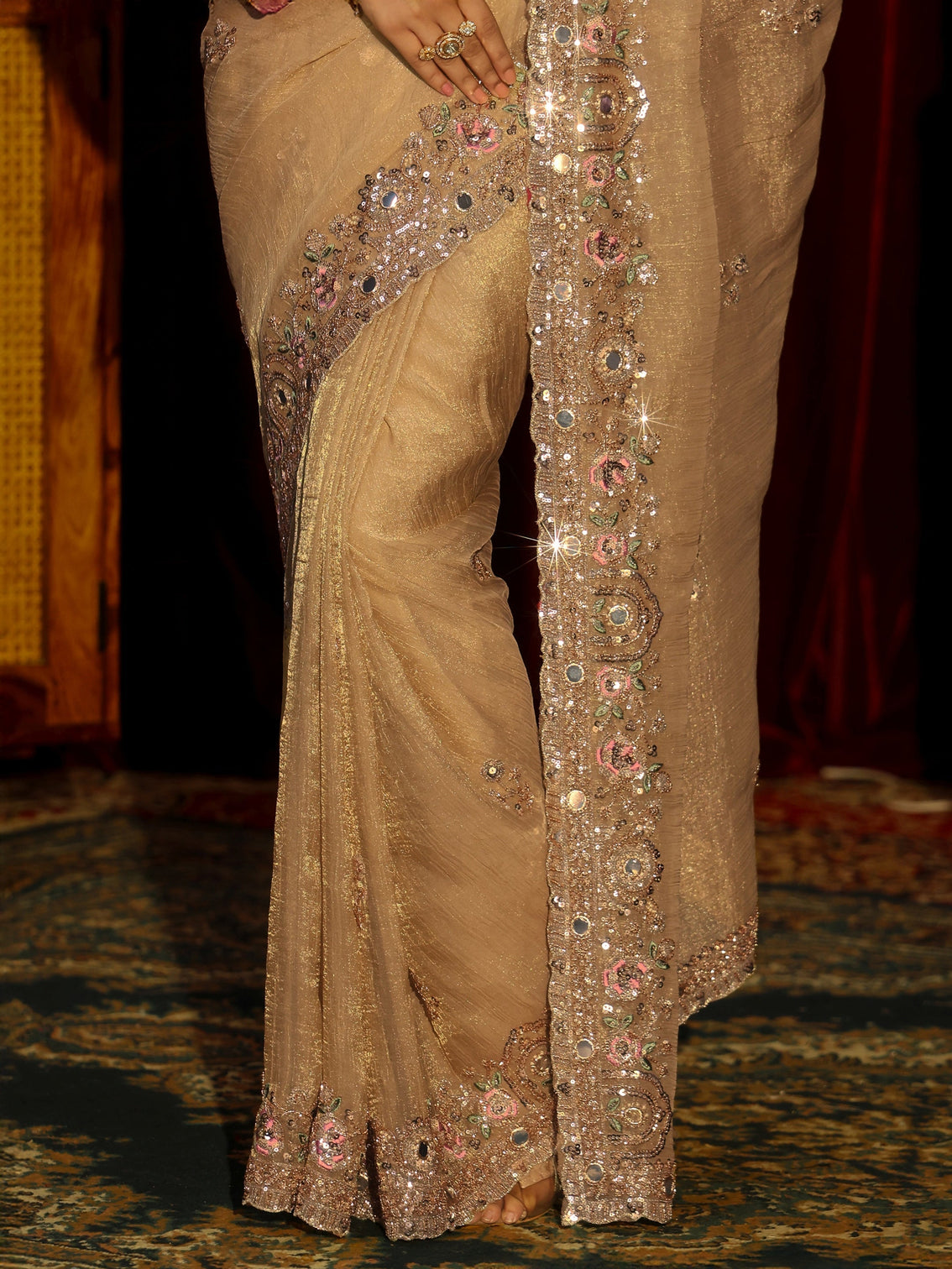 Mameraa Art Golden Floral Embellished Organza Saree