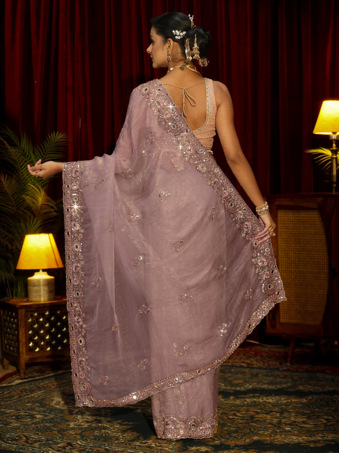 Mameraa Art Lavender Floral Embellished Organza Saree