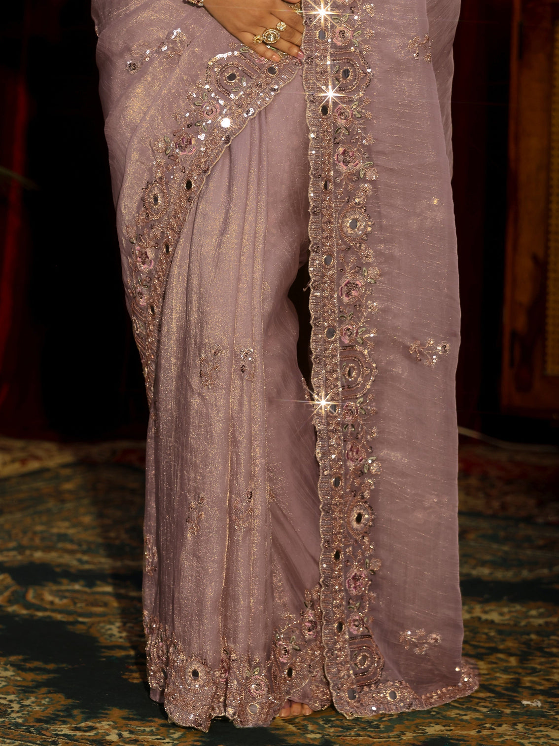 Mameraa Art Lavender Floral Embellished Organza Saree
