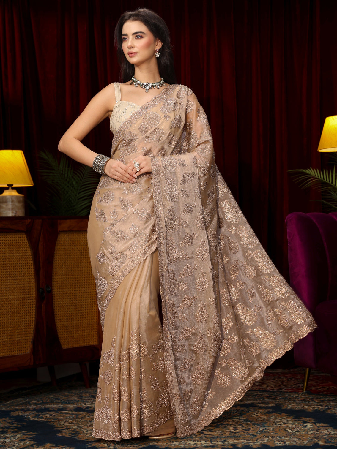 Mameraa Art Golden Stone Work Embellished Tissue Saree
