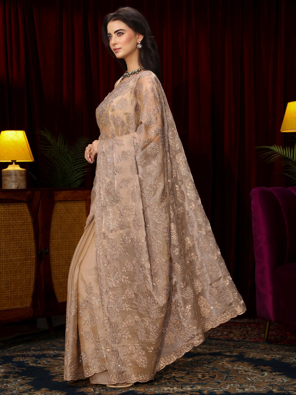 Mameraa Art Golden Stone Work Embellished Tissue Saree