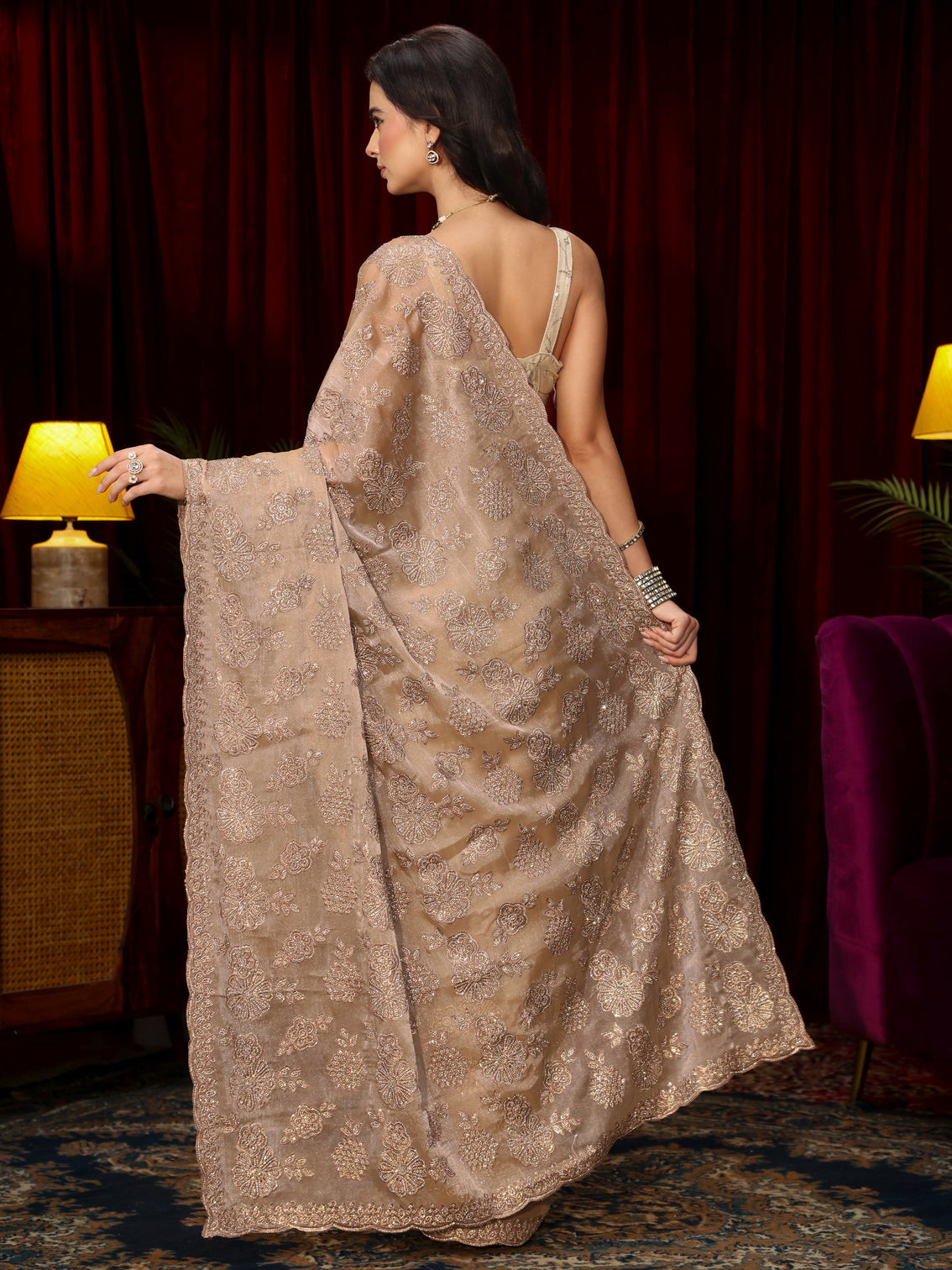 Mameraa Art Golden Stone Work Embellished Tissue Saree