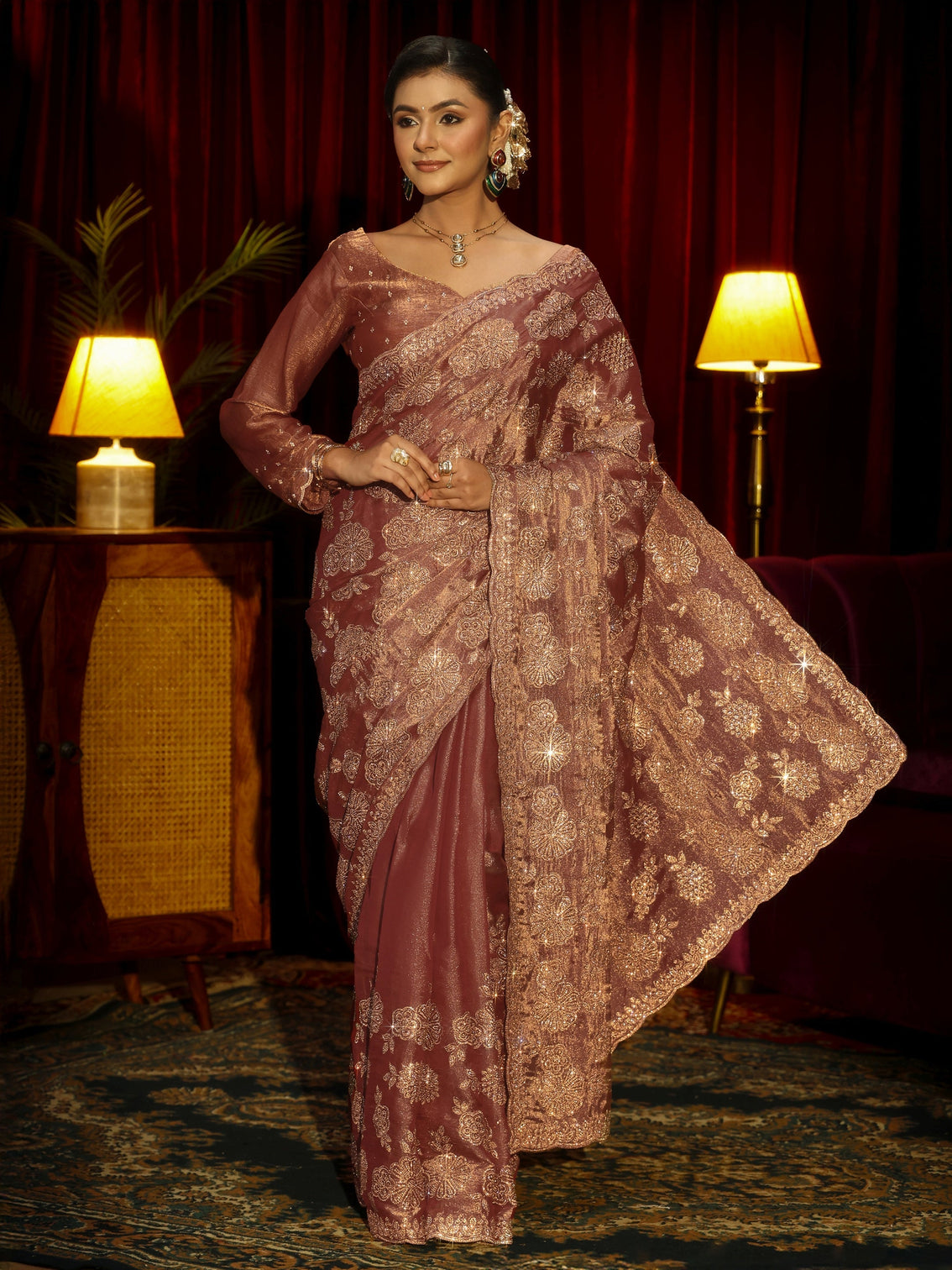 Mameraa Art Mauve Stone Work Embellished Tissue Saree