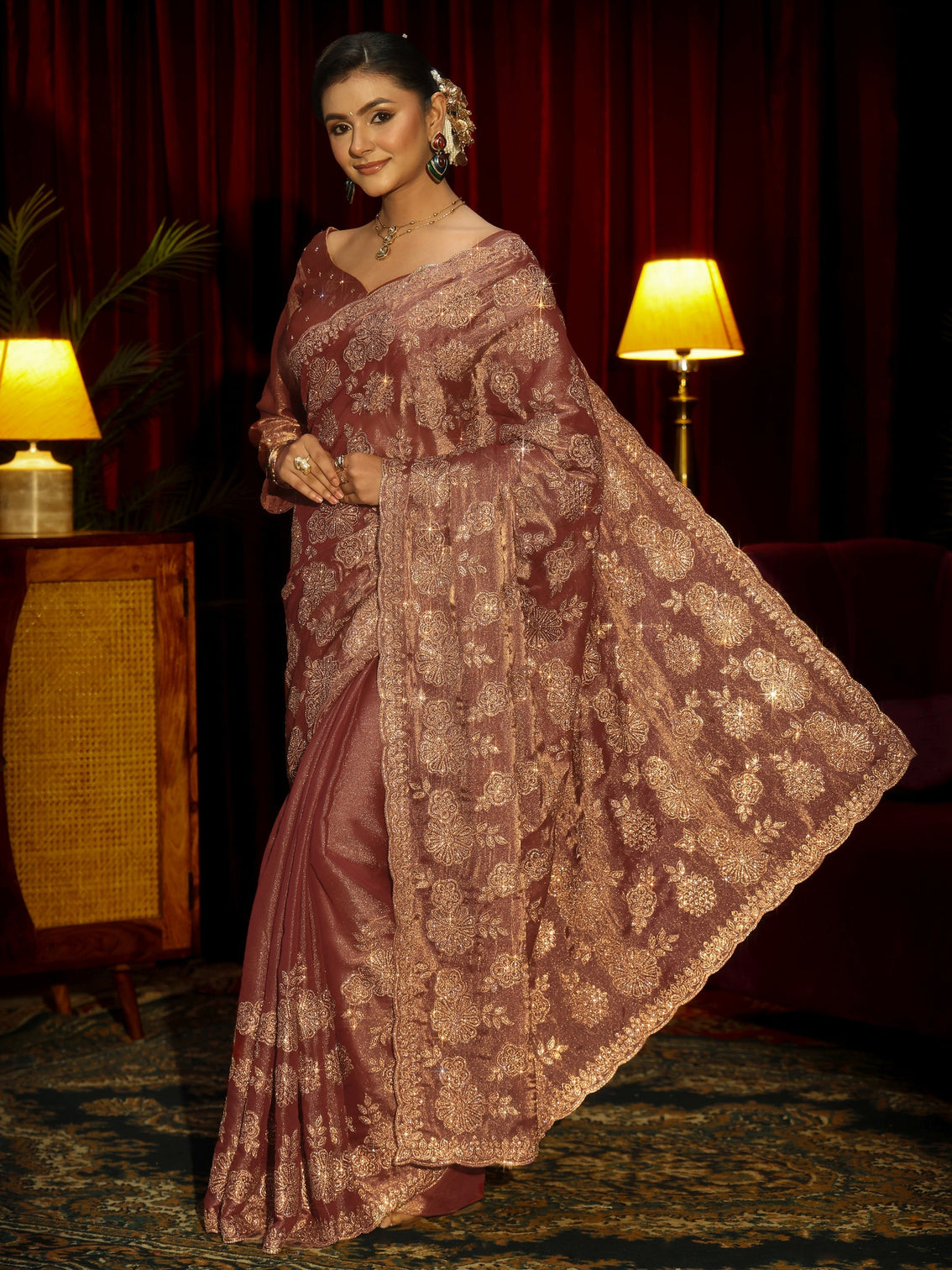 Mameraa Art Mauve Stone Work Embellished Tissue Saree