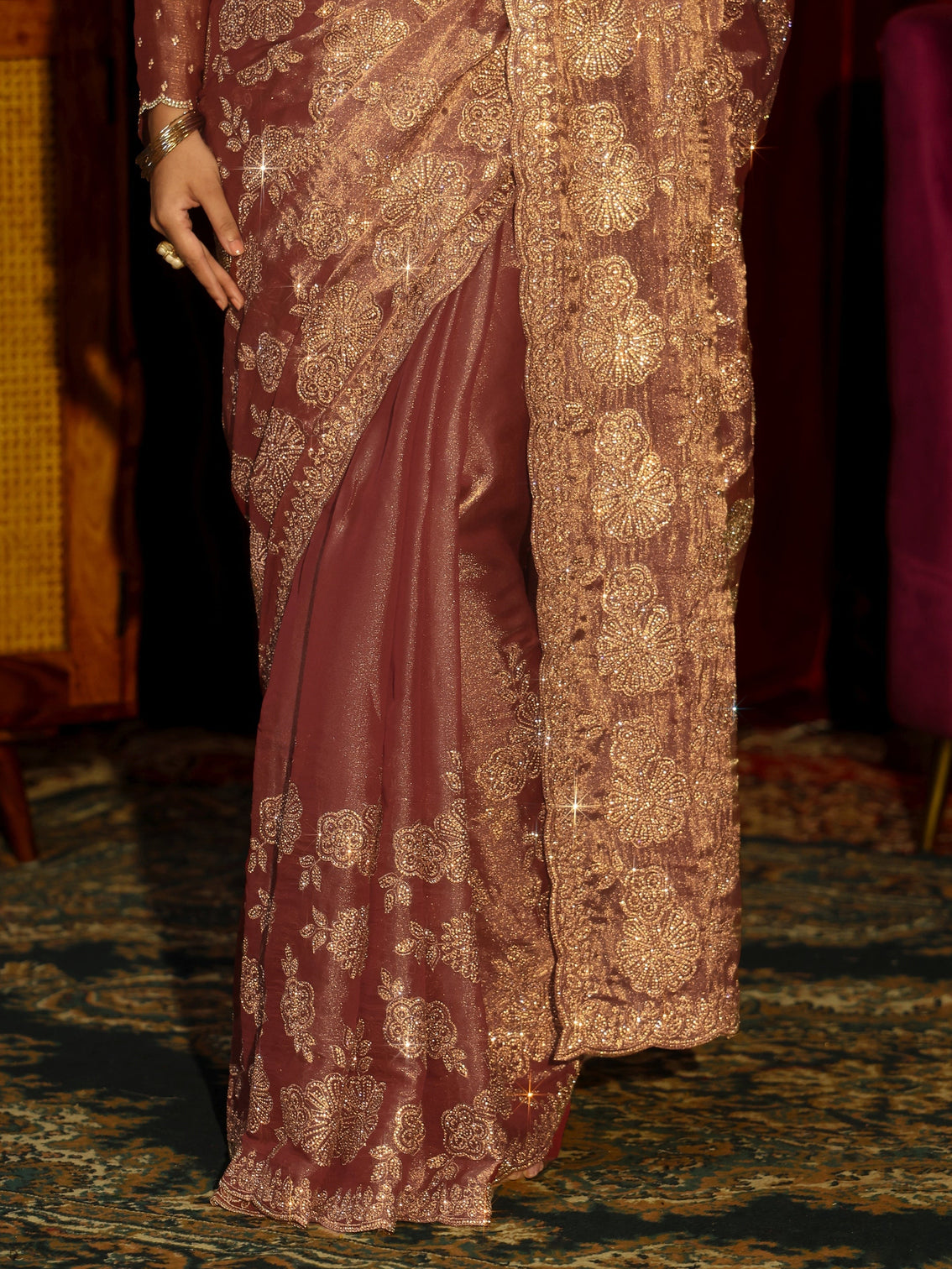 Mameraa Art Mauve Stone Work Embellished Tissue Saree