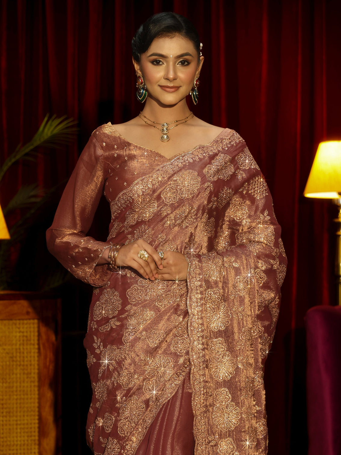 Mameraa Art Mauve Stone Work Embellished Tissue Saree
