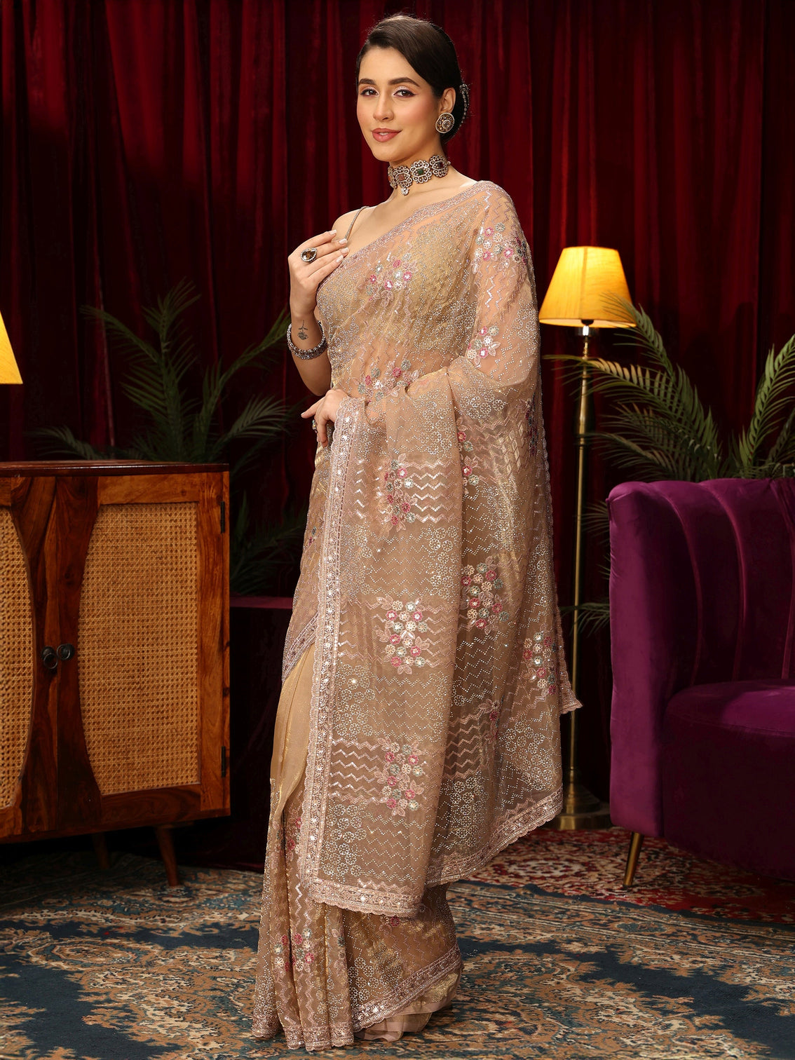Mameraa Art Golden Chevron Embellished Tissue Saree