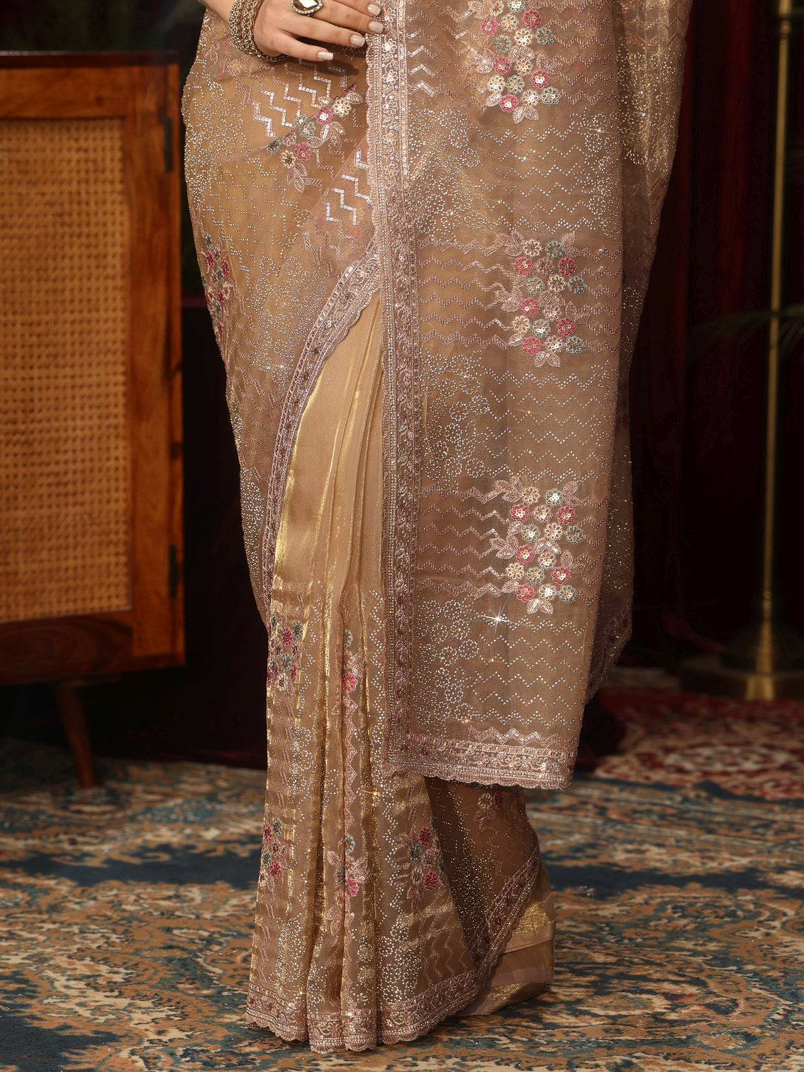 Mameraa Art Golden Chevron Embellished Tissue Saree