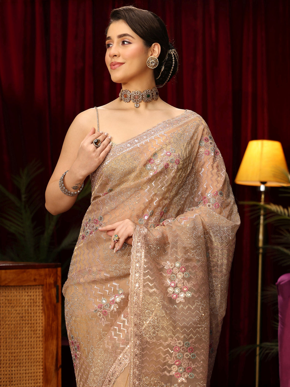 Mameraa Art Golden Chevron Embellished Tissue Saree