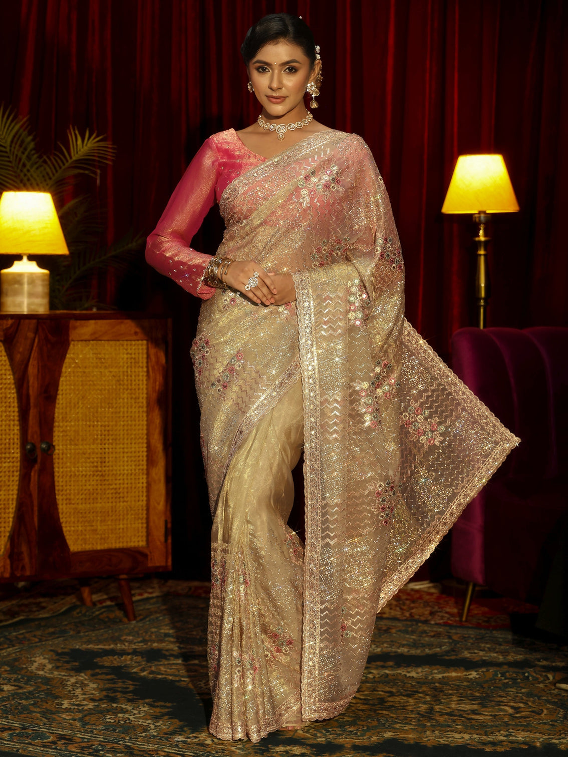 Mameraa Art Green Chevron Sequin Embellished Tissue Saree
