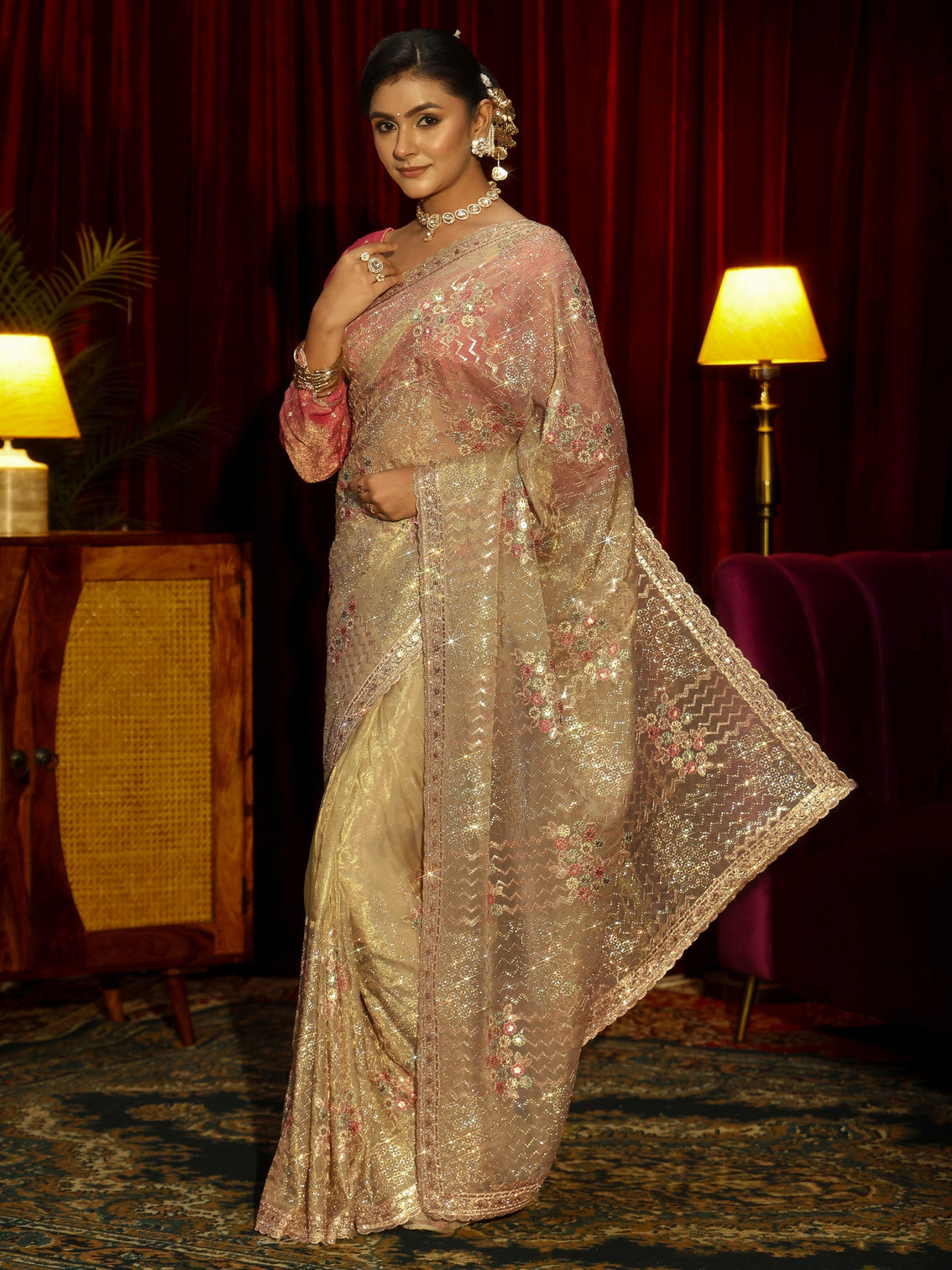 Mameraa Art Green Chevron Sequin Embellished Tissue Saree