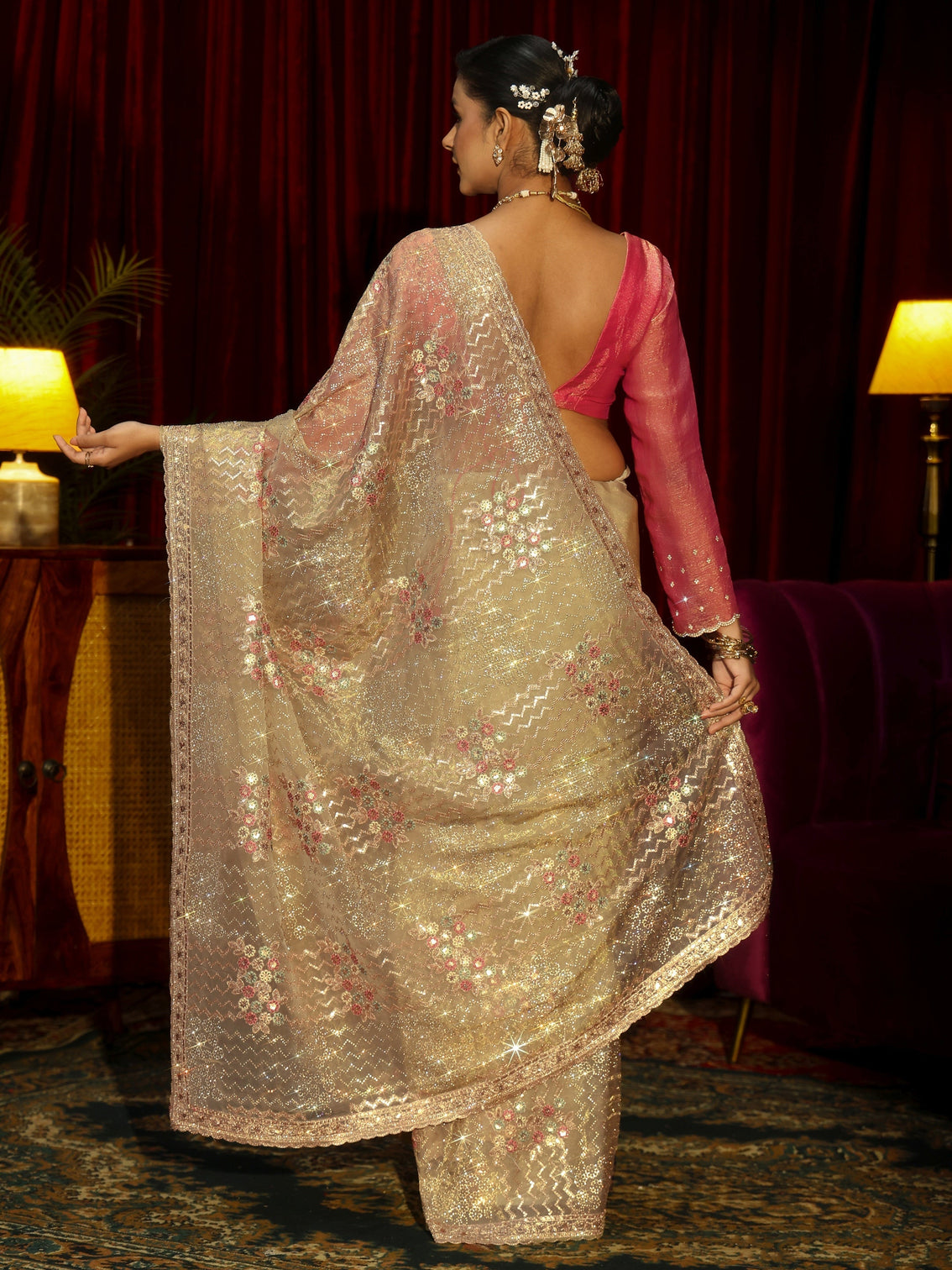 Mameraa Art Green Chevron Sequin Embellished Tissue Saree