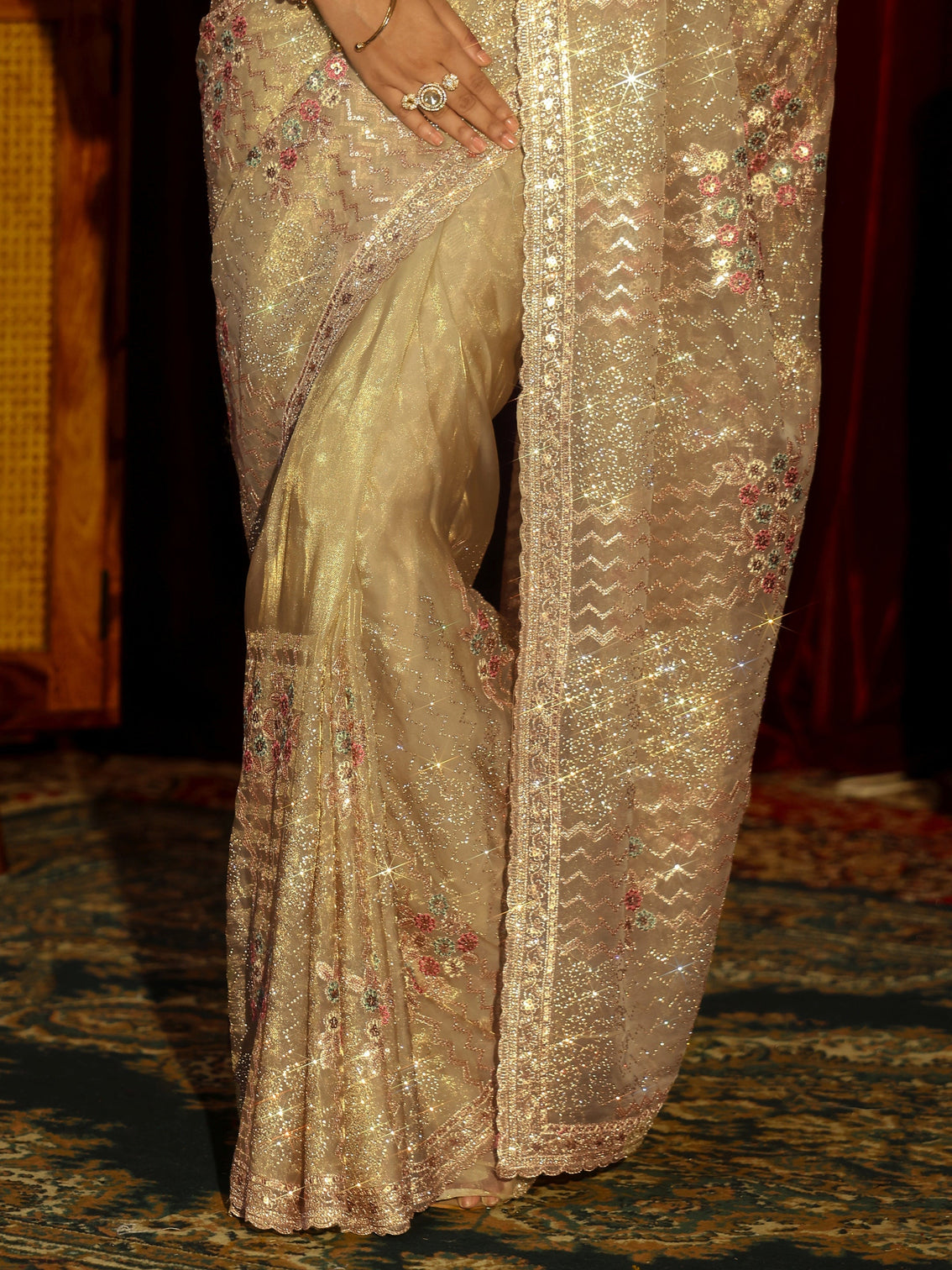 Mameraa Art Green Chevron Sequin Embellished Tissue Saree