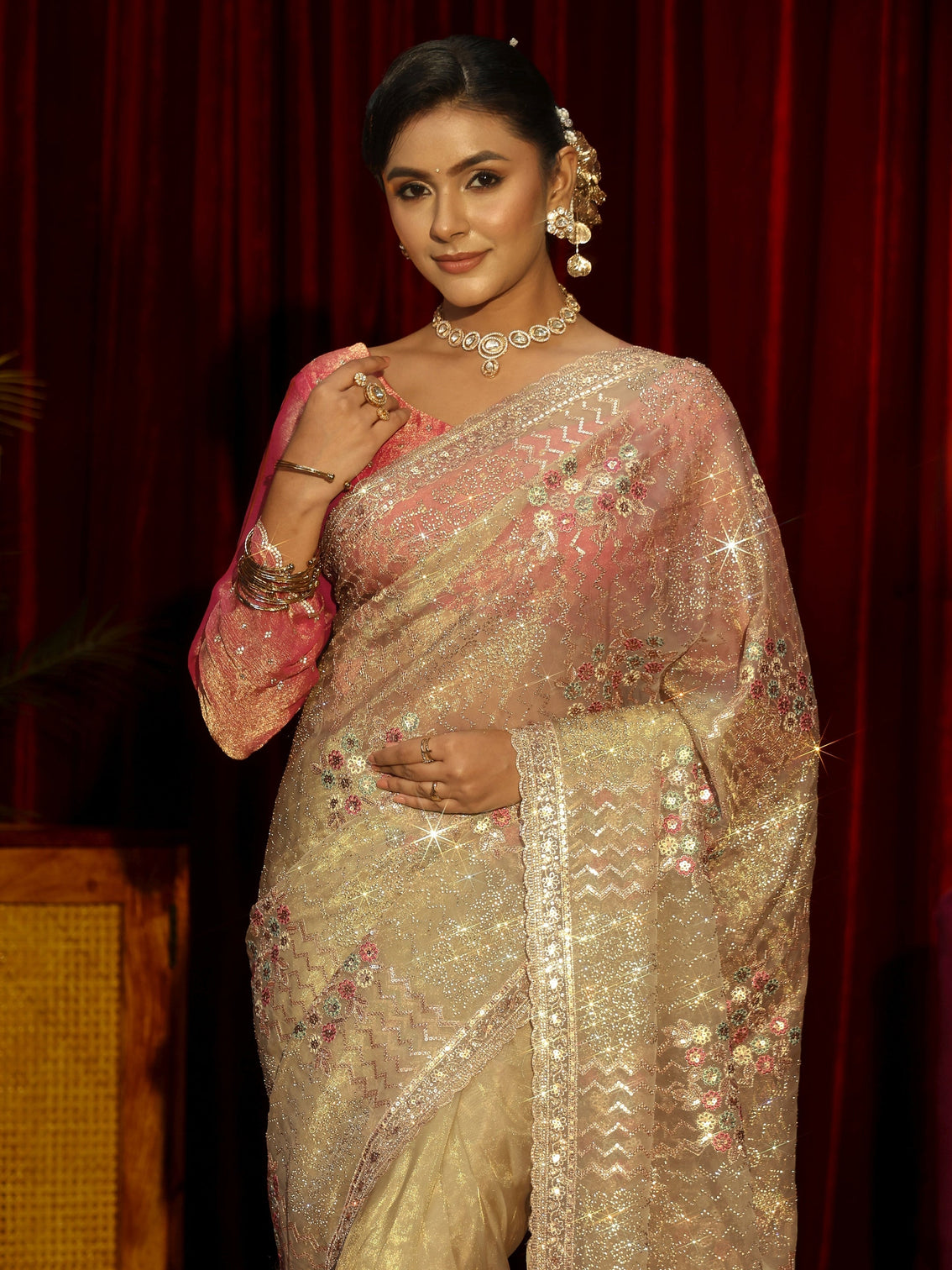 Mameraa Art Green Chevron Sequin Embellished Tissue Saree