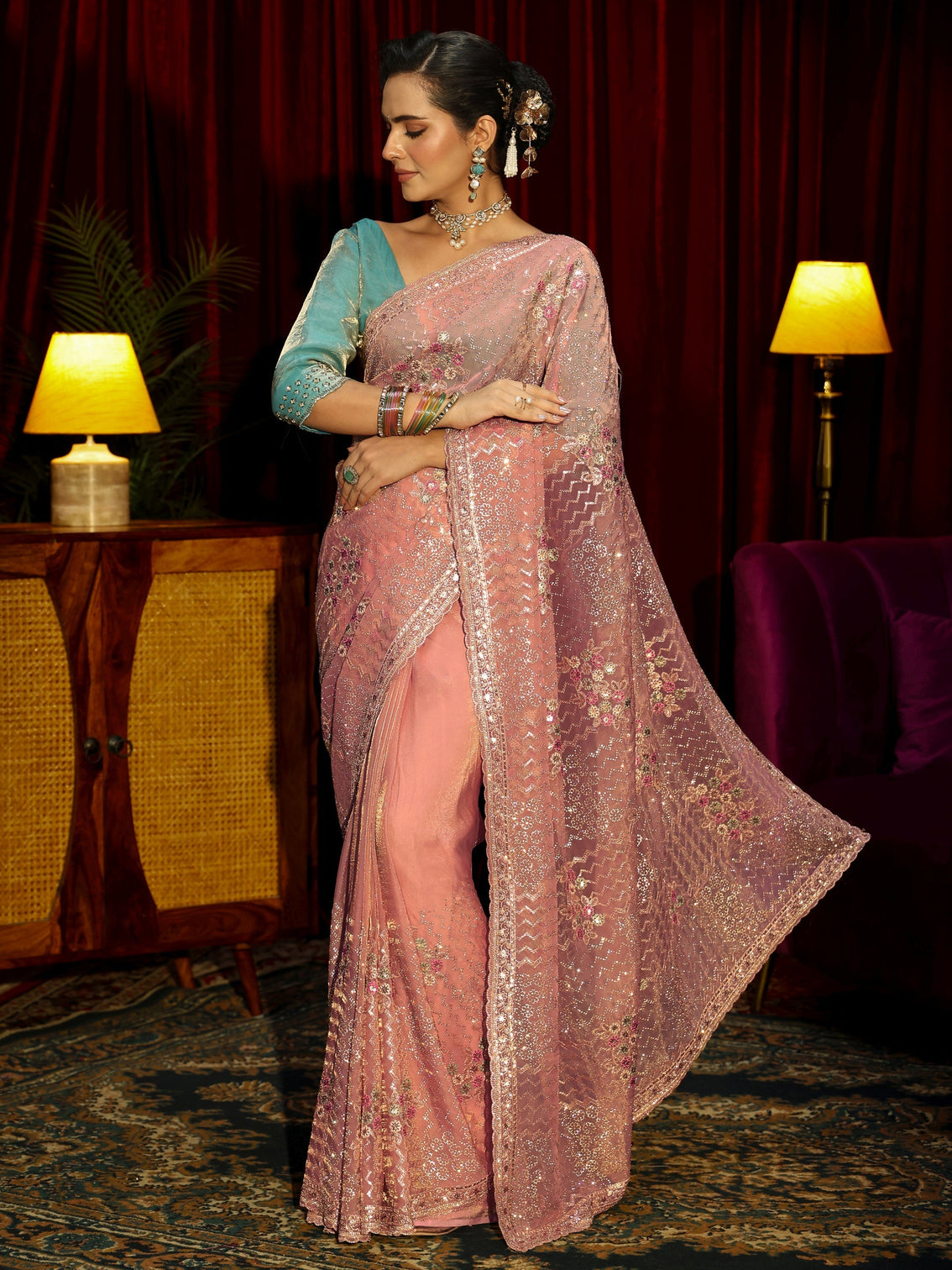 Mameraa Art Pink Chevron Sequin Embellished Tissue Saree