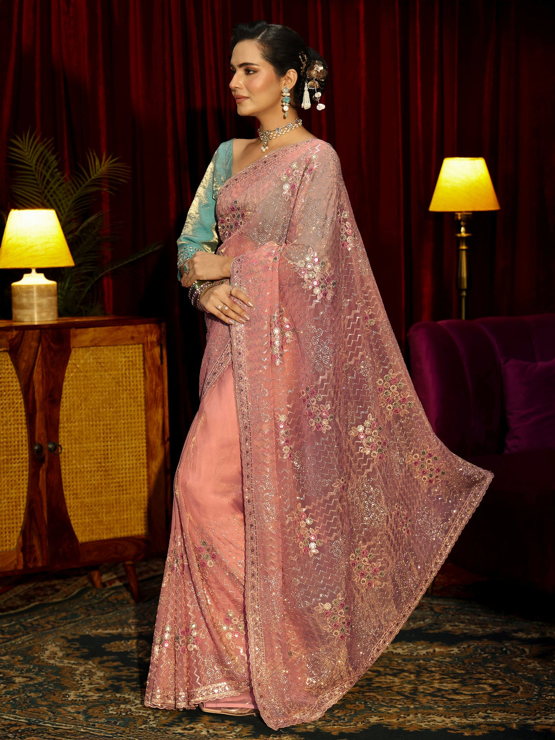 Mameraa Art Pink Chevron Sequin Embellished Tissue Saree