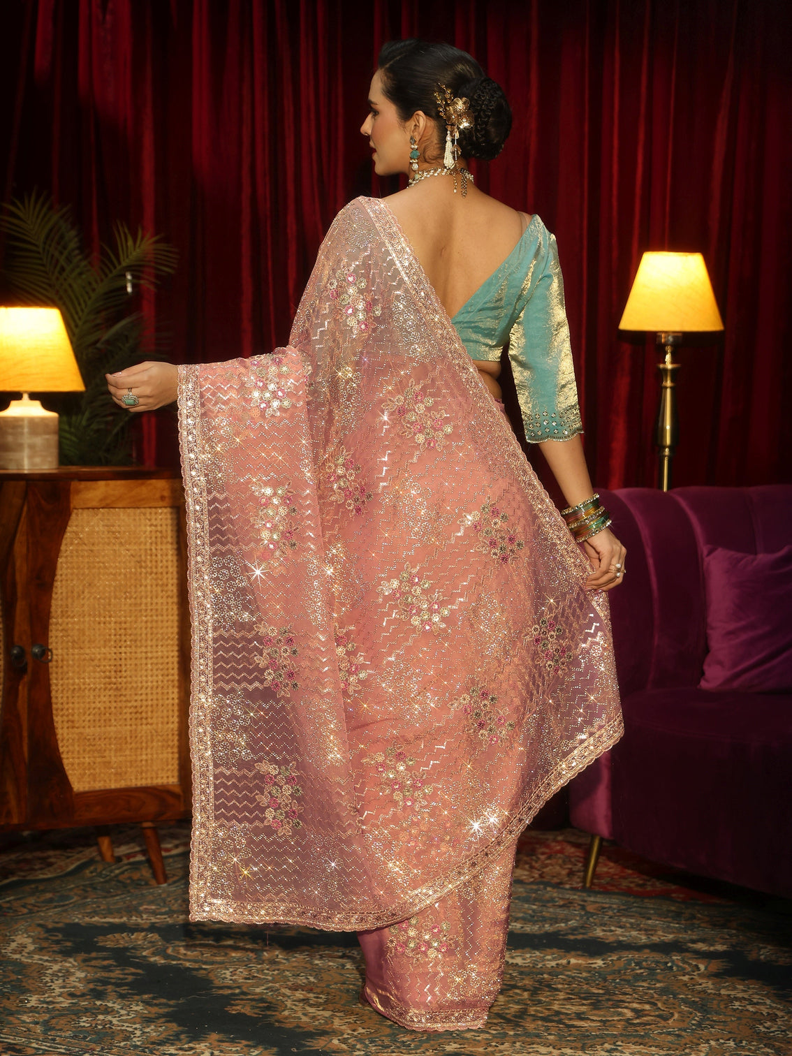 Mameraa Art Pink Chevron Sequin Embellished Tissue Saree