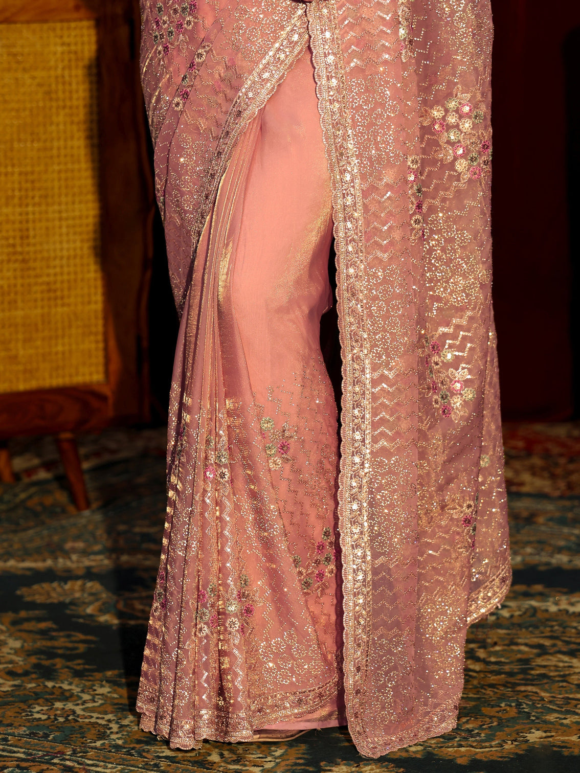 Mameraa Art Pink Chevron Sequin Embellished Tissue Saree