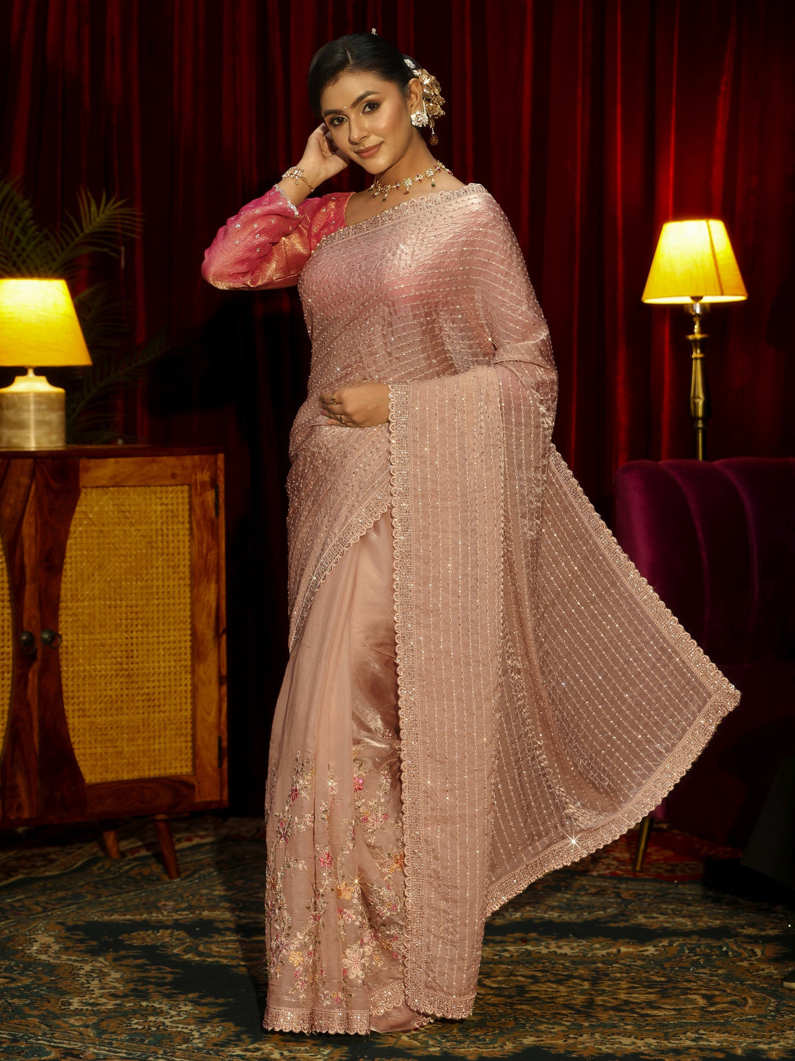 Mameraa Art Cream Striped Sequin Embellished Tissue Saree